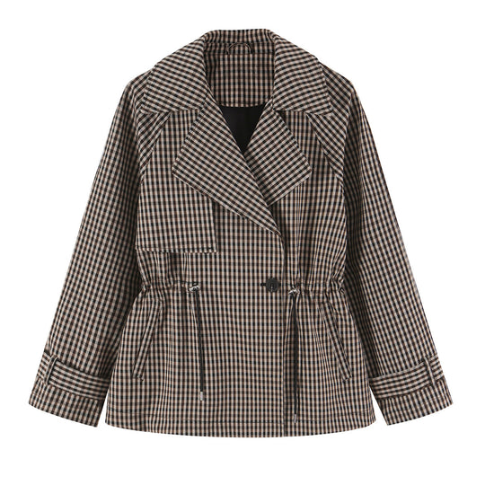 Damen Kurze Karo-Trenchjacke mit Tunnelzug-Taille und weitem Revers Nord Taschen