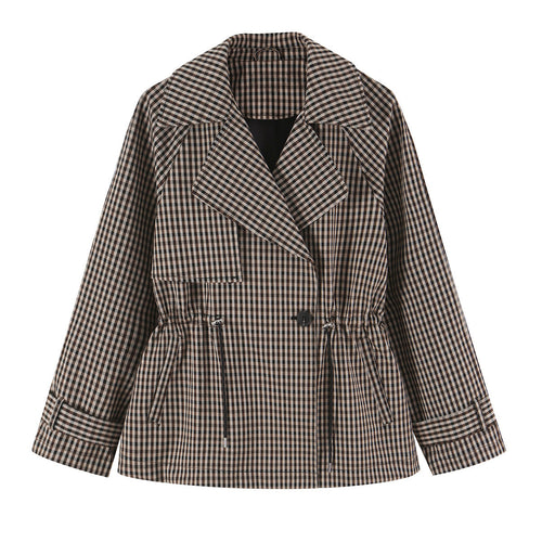 Damen Kurze Karo-Trenchjacke mit Tunnelzug-Taille und weitem Revers Nord Taschen
