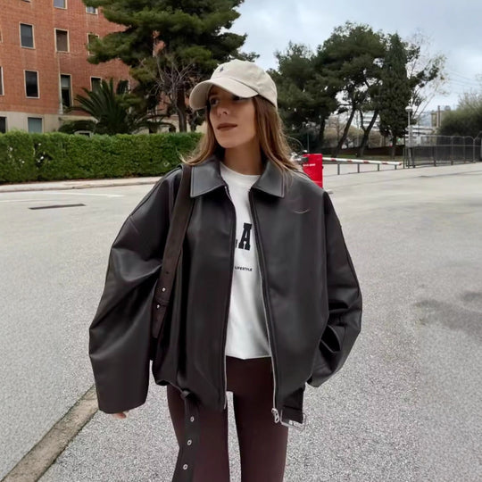 Damen Oversized Kunstleder-Bomberjacke mit Gürtel und Hemdkragen Nord Taschen