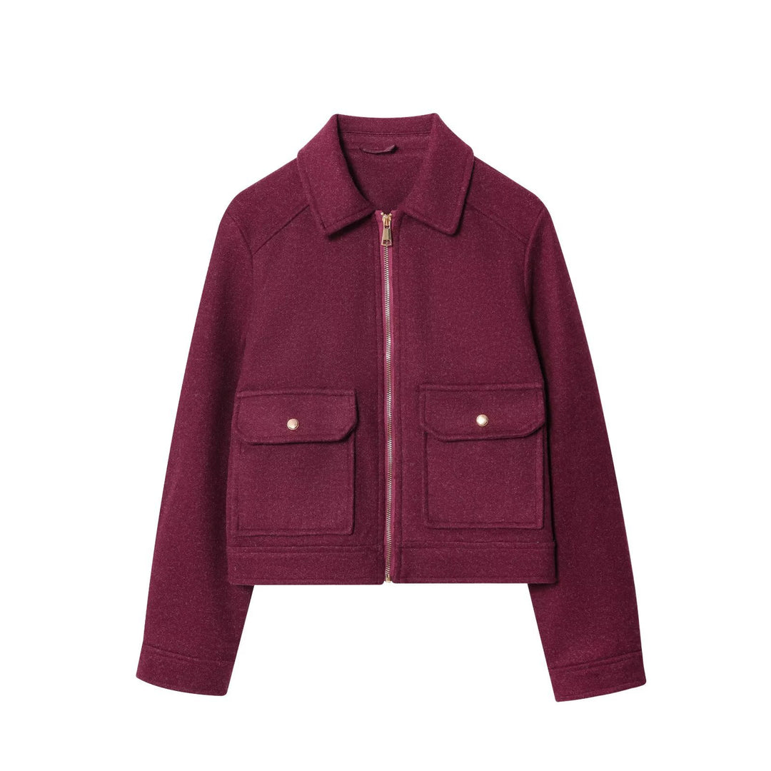 Damen Kurze Wollimitat-Fieldjacke mit durchgehendem Reißverschluss und vier aufgesetzten Pattentaschen Nord Taschen