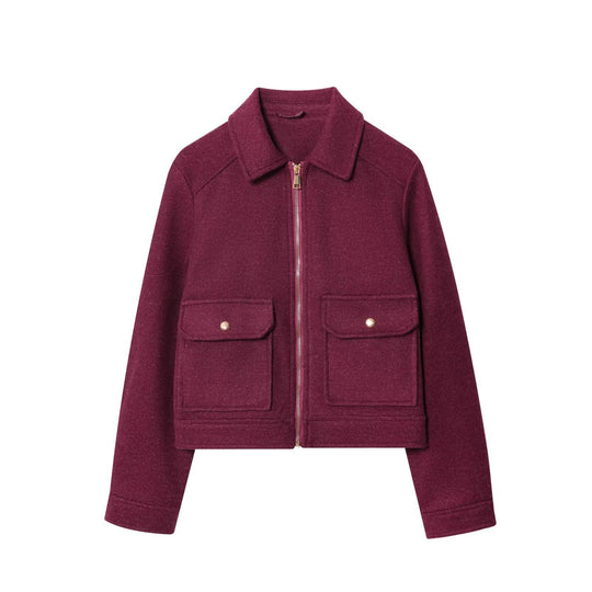 Damen Kurze Wollimitat-Fieldjacke mit durchgehendem Reißverschluss und vier aufgesetzten Pattentaschen Nord Taschen