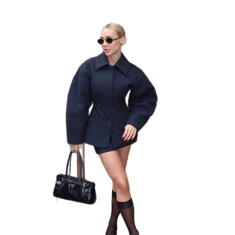 Damen Taillierter Kurzmantel aus Wollmix mit skulpturalen Ballonärmeln Nord Taschen