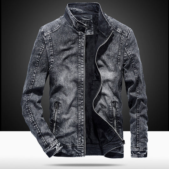 Herren vintagegewaschener Denimblouson mit Stehkragen und verdecktem Reißverschluss Nord Taschen