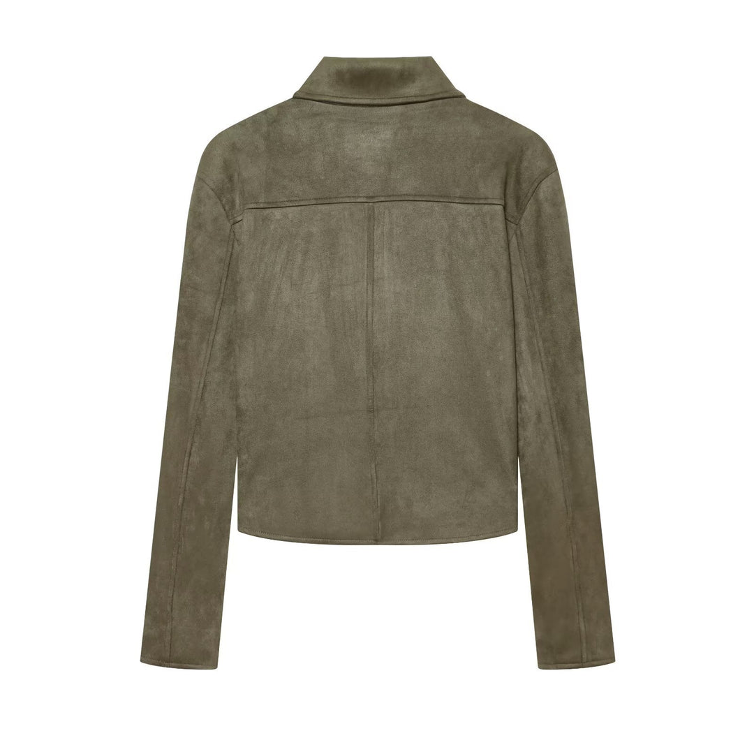Damen Kurz geschnittener Velourslederblouson mit Hemdkragen und aufgesetzten Pattentaschen Nord Taschen