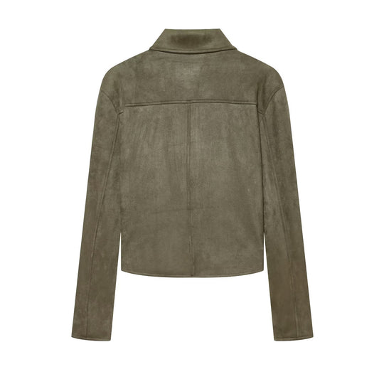 Damen Kurz geschnittener Velourslederblouson mit Hemdkragen und aufgesetzten Pattentaschen Nord Taschen