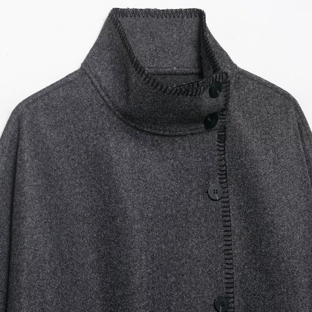 Damen Wollmix-Cape mit hohem Stehkragen, Knopfleiste und Ziernaht Nord Taschen