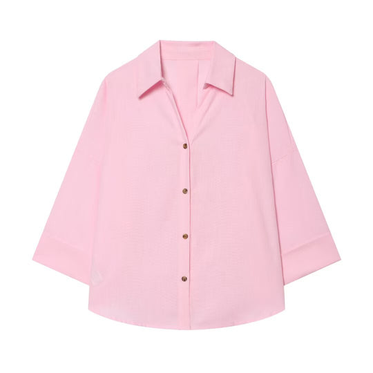 Damen Oversized Hemdbluse mit kastigem Schnitt, dreiviertelärmeln und Hornknopfleiste Nord Taschen