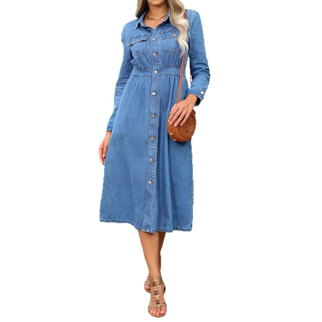 Damen Denim-Midikleid mit Knopfleiste, taillierter Passform und Brusttaschen Nord Taschen