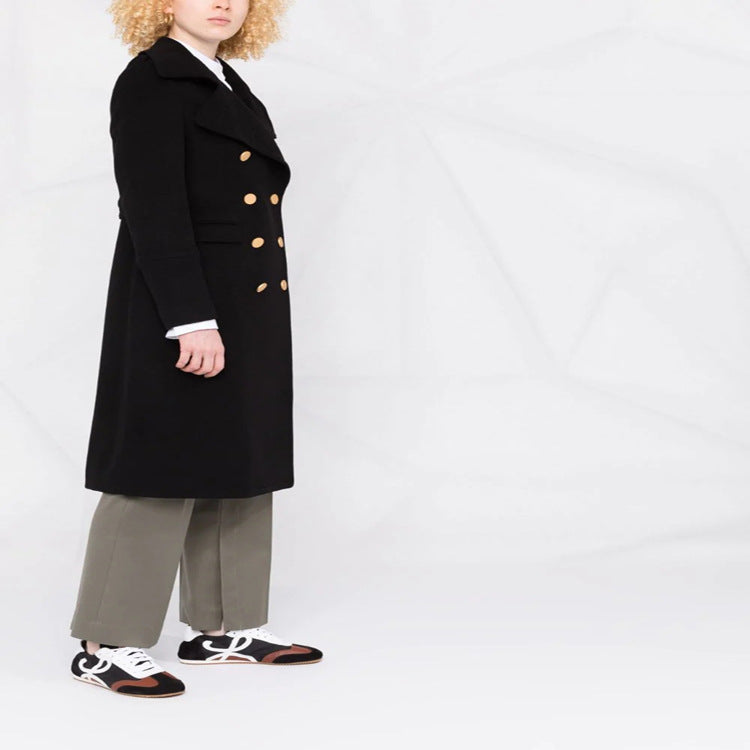 Damen Doppelreihiger Longcoat im Marinemantel‑Stil mit markanten Metallknöpfen Nord Taschen