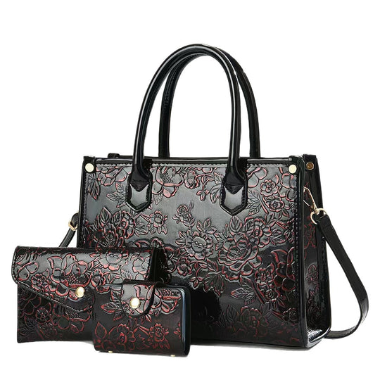 Damen elegante Handtasche mit floraler Prägung und abnehmbaren Zubehör Nord Taschen