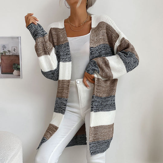 Damen Lässiger Strickmantel mit Streifen Nord Taschen