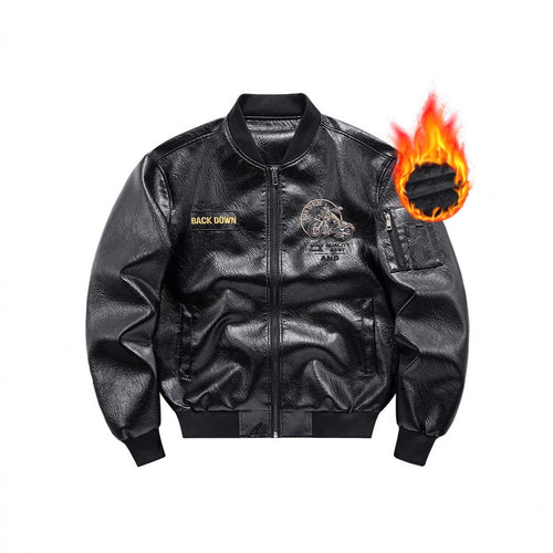 Herren Kunstleder‑Bomberjacke mit wärmender Fleece‑Innenfütterung, Motorrad‑Stickerei und Ärmeltasche Nord Taschen