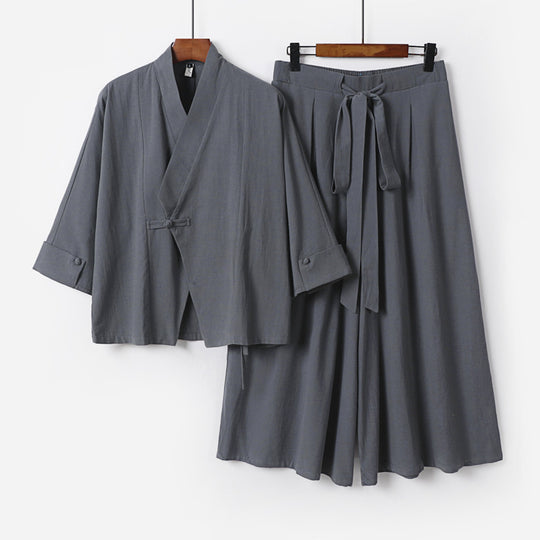 Damen Leichtes Kimono-Loungewear-Set mit V-Ausschnitt dreiviertelärmeln und weiten Palazzo-Hosen Nord Taschen