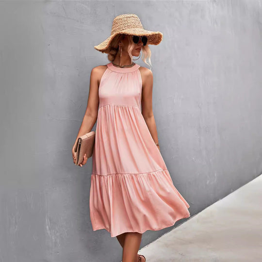 Damen luftiges Sommerkleid mit schwingendem Rock und hohem Hals Nord Taschen