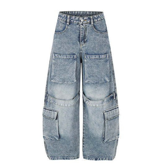 Damen Hochgeschnittene weite Cargo-Palazzo-Jeans mit großen aufgesetzten Taschen und Vintage-Waschung Nord Taschen
