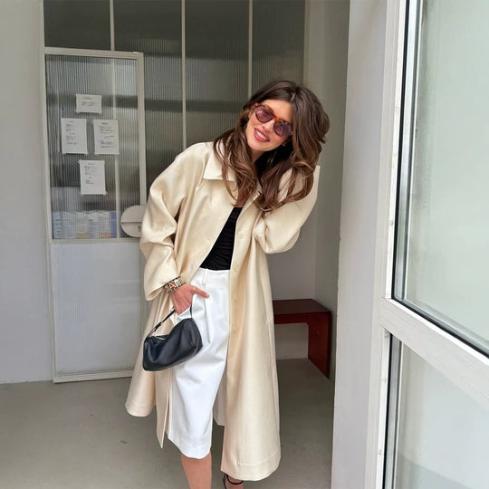 Damen Leichter Satin‑Optik Longcoat mit kastiger Oversize‑Silhouette Nord Taschen
