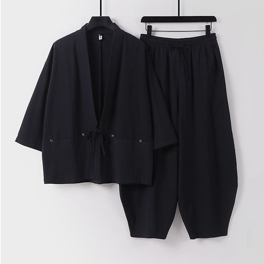 Unisex Modernes Kimono-Lounge-Set aus weichem Baumwollmix mit Kurzjacke, Tunnelzug-Hose und gerafften Knöcheln Nord Taschen