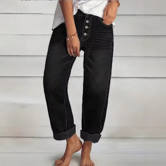 Damen High‑Waist Relaxed-Fit Jeans im Boyfriend-Stil mit Sichtbarer Knopfleiste und Aufgekrempeltem Saum Nord Taschen