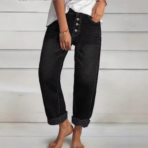 Damen High‑Waist Relaxed-Fit Jeans im Boyfriend-Stil mit Sichtbarer Knopfleiste und Aufgekrempeltem Saum Nord Taschen