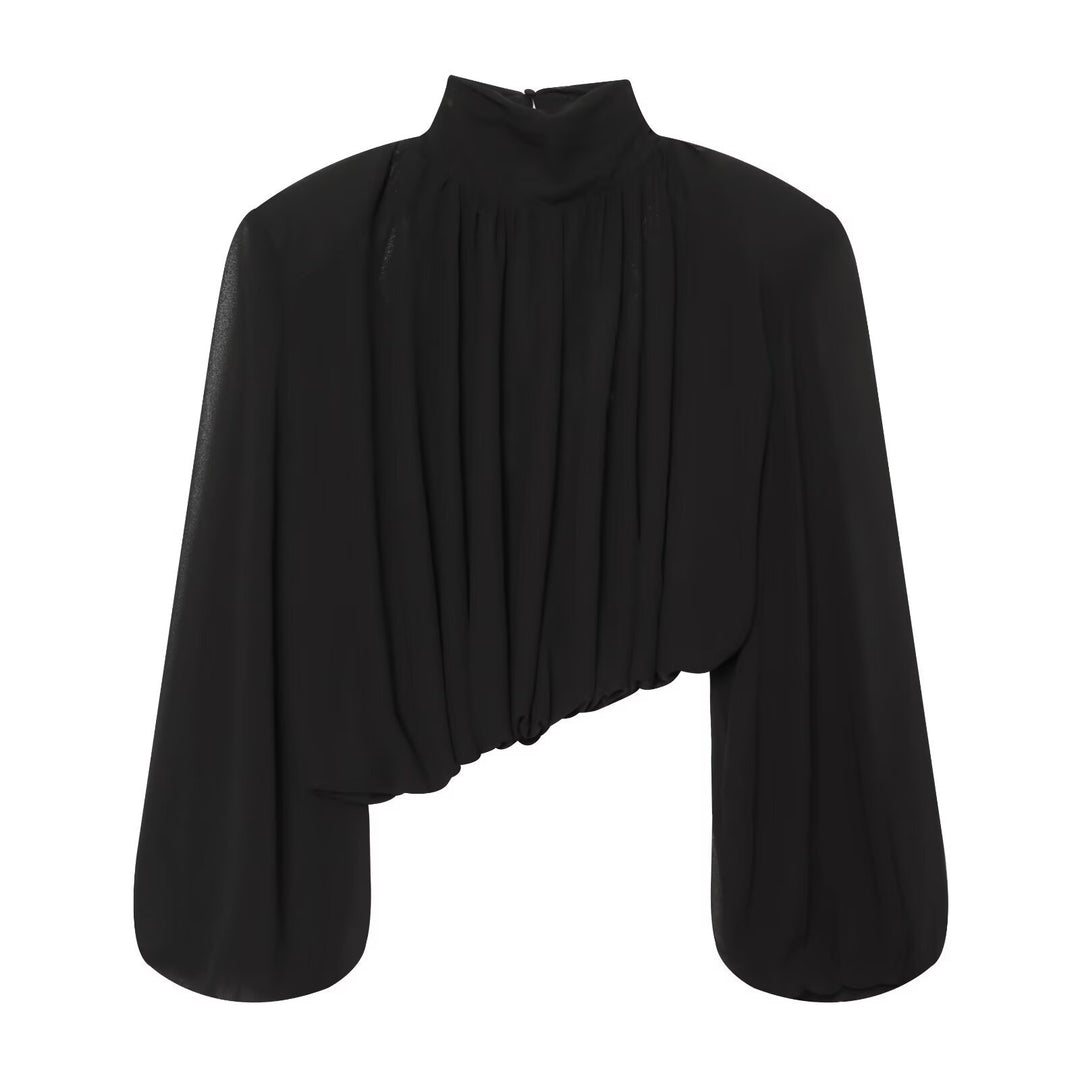 Damen Plissierte Bluse mit Stehkragen und Ballonärmeln Nord Taschen