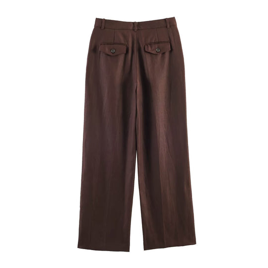 Damen Gerade geschnittene Leinenmisch-Hose mit hohem Bund, Bügelfalte und Eingrifftaschen Nord Taschen
