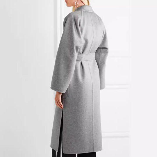 Damen Bodenlanger Offener Wollmix‑Mantel mit entspanntem Revers und fließendem Fall Nord Taschen