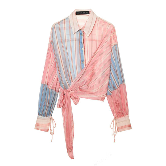 Damen Gestreifte Wickelbluse mit Knotenfront, Ballonärmeln und Hemdkragen Nord Taschen