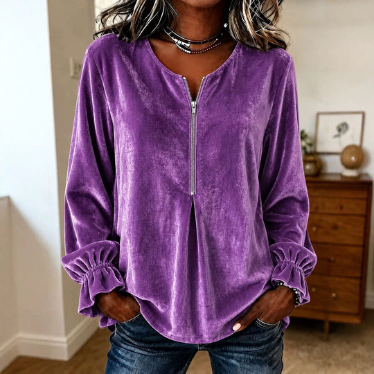 Damen Samt-Bluse mit halbem Reißverschluss, Rüschenbündchen und A-Linien-Schnitt Nord Taschen
