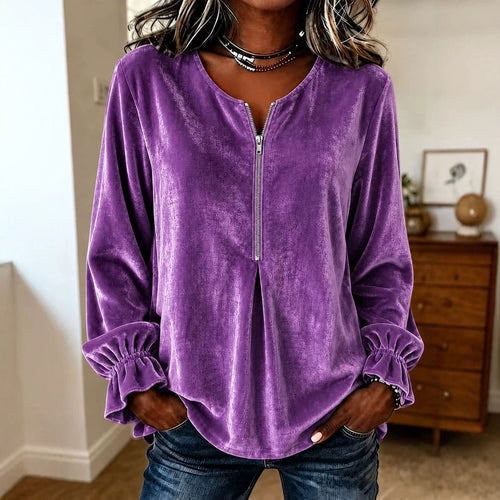 Damen Samt-Bluse mit halbem Reißverschluss, Rüschenbündchen und A-Linien-Schnitt Nord Taschen