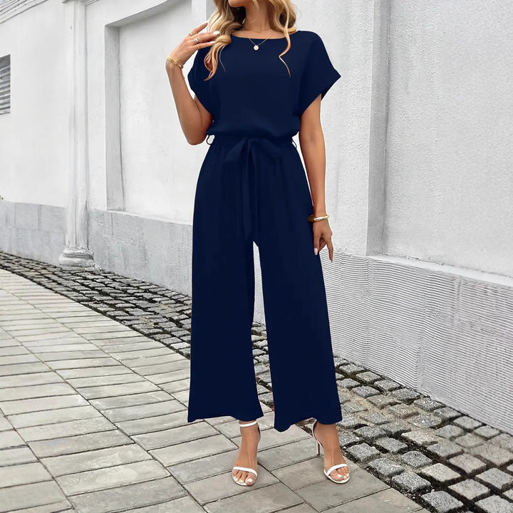 Damen Eleganter Jumpsuit mit weitem Bein und Taillenknoten Nord Taschen