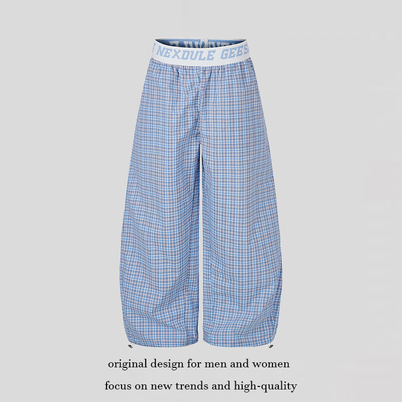 Damen Weite Karierte Lounge-Hose mit elastischem Logobund und Kordelzugsaum Nord Taschen