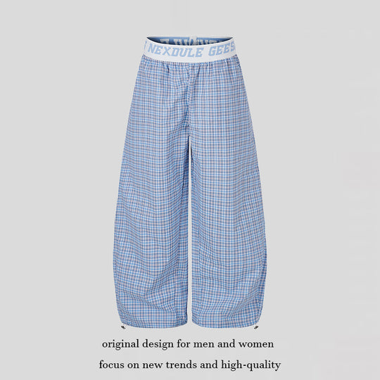 Damen Weite Karierte Lounge-Hose mit elastischem Logobund und Kordelzugsaum Nord Taschen