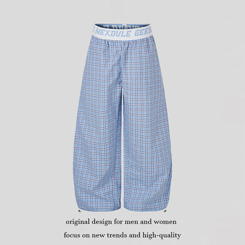 Damen Weite Karierte Lounge-Hose mit elastischem Logobund und Kordelzugsaum Nord Taschen