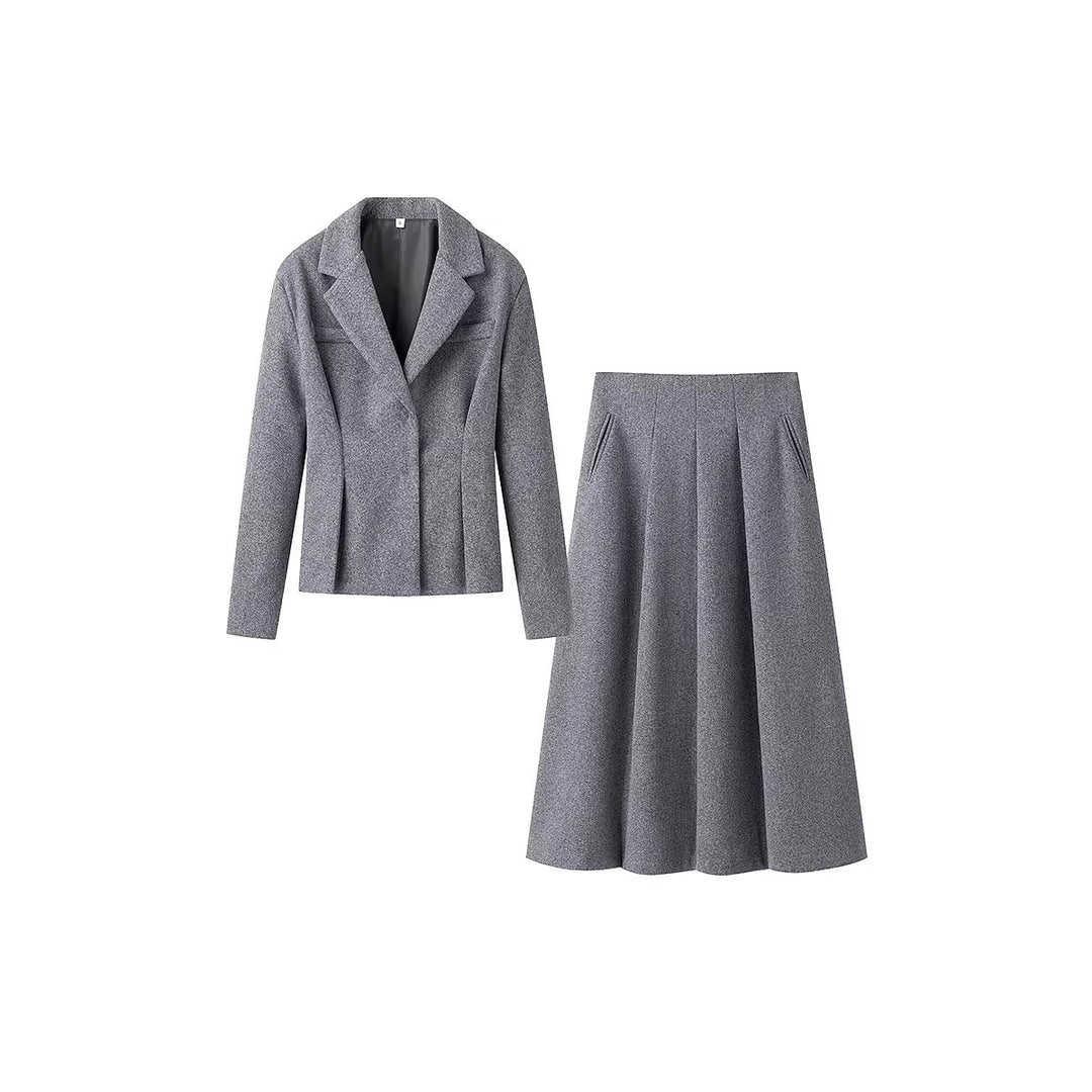 Damen Elegantes Wollmix-Kostüm mit tailliertem Kurzblazer und ausgestelltem Midirock Nord Taschen