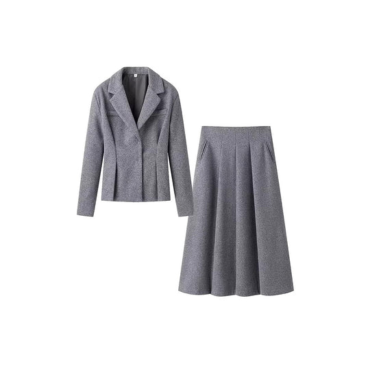 Damen Elegantes Wollmix-Kostüm mit tailliertem Kurzblazer und ausgestelltem Midirock Nord Taschen