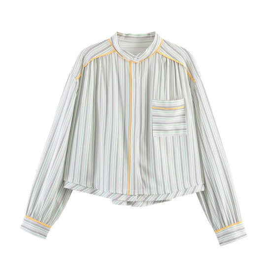 Damen Oversize-Bluse im Cropped-Schnitt mit Stehkragen, feinem Streifenmuster und Kontrastpaspel Nord Taschen