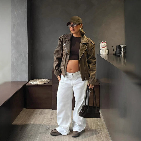 Damen Veloursleder‑Optik Bikerjacke mit Schulterklappen und asymmetrischem Reißverschluss Nord Taschen