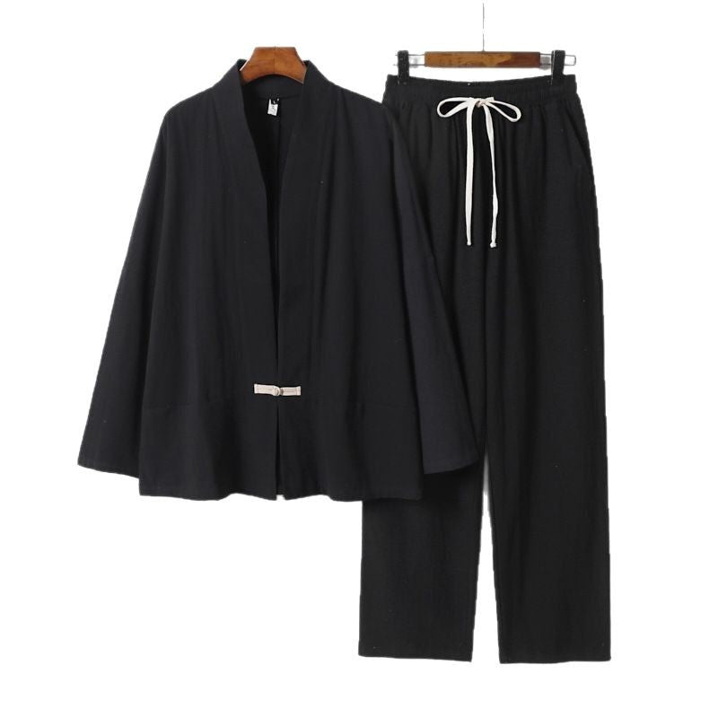 Herren Zen-inspiriertes Kimono-Loungewear-Set aus leichter Baumwollmischung mit offenem Schnitt und Kordelbundhose Nord Taschen