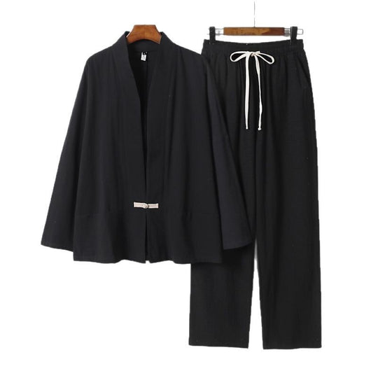 Herren Zen-inspiriertes Kimono-Loungewear-Set aus leichter Baumwollmischung mit offenem Schnitt und Kordelbundhose Nord Taschen
