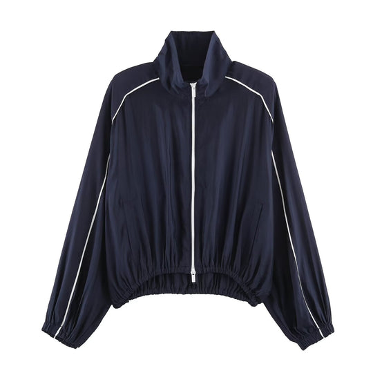 Damen Cropped Windbreaker-Jacke mit hohem Funnelkragen, Kontrastpaspel und elastischem Saum Nord Taschen