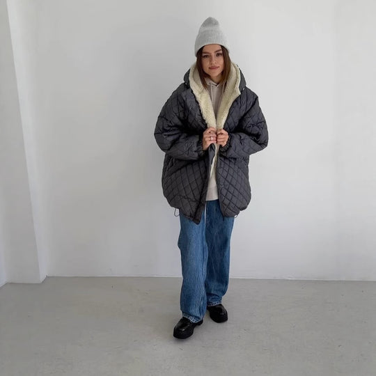 Damen Oversize Steppjacke mit Teddyfutter und Kapuze Nord Taschen
