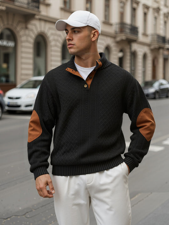 Herren Troyer-Pullover mit Stehkragen, strukturierter Strickoptik und Kontrast-Ellbogenpatches Nord Taschen