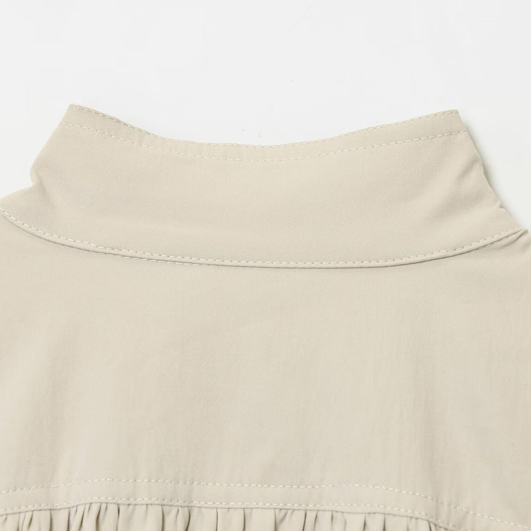 Damen Voluminöse Cropped-Bluse mit Stehkragen, Raffungen und elastischem Saum Nord Taschen