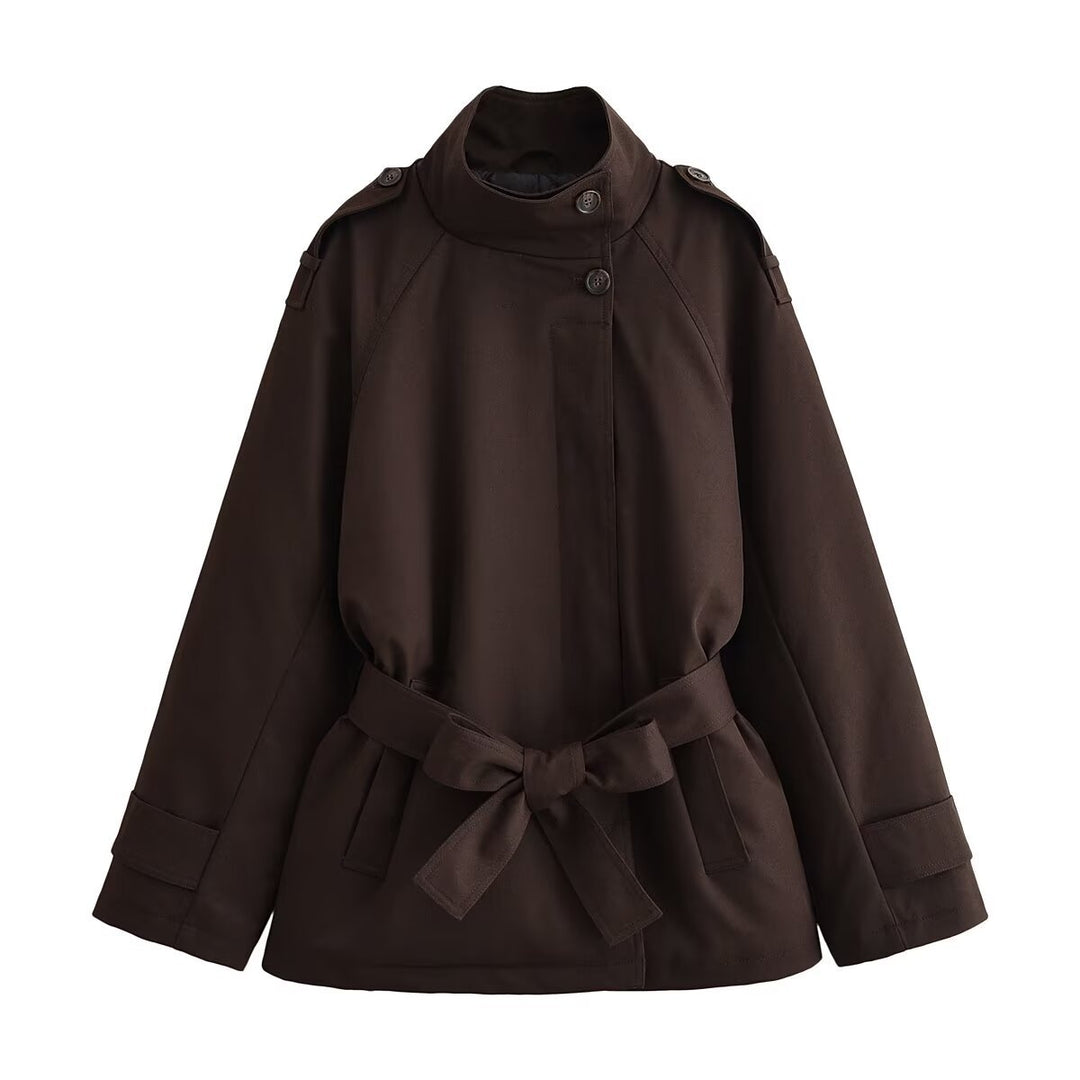 Damen Kurze Cape-Trenchjacke mit Stehkragen, Schulterriegeln und Bindegürtel Nord Taschen