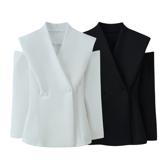 Damen 600+ ärmelloser taillierter Blazer mit weitem Schalkragen und doppelreihiger Knopfleiste Nord Taschen