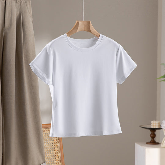 Damen Kurzgeschnittenes Boxy-T-Shirt aus weichem Baumwollstretch mit Rundhalsausschnitt Nord Taschen