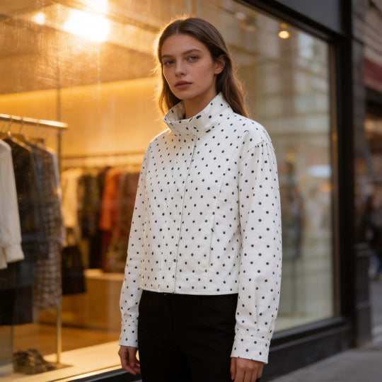 Damen Kurze gepunktete Jacke im Blousonstil mit Stehkragen und Ballonärmeln Nord Taschen