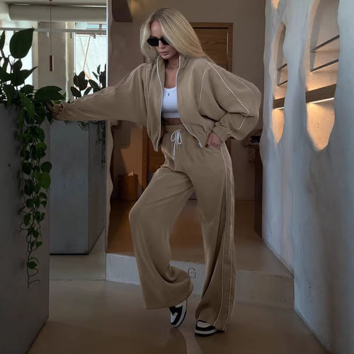 Damen kurzes Samt-Zip-Hoodie mit Tunnelzug und fließender Palazzo-Jogginghose Nord Taschen