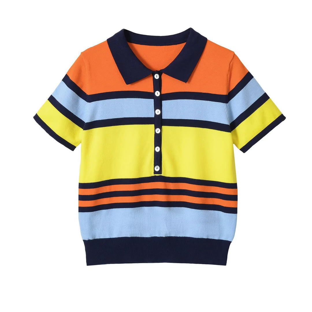 Damen Kurzärmeliges Strickpoloshirt mit Knopfleiste und Blockstreifen Nord Taschen