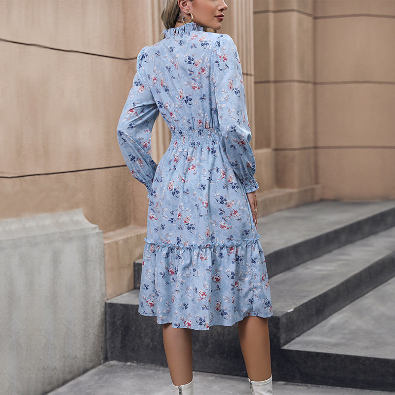 Damen Floral Midi-Kleid mit Taillierung und Puffärmeln Nord Taschen